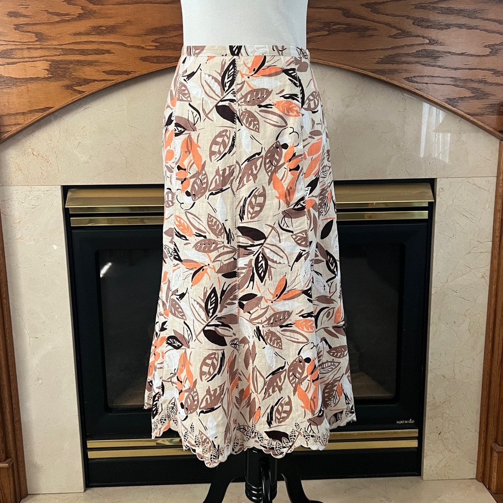 JM Collection Linen Floral A-Line Midi‎ Skirt Size 8